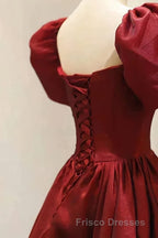 Burgundy A Line Long Formal Prom Dress with Short Sleeves, New Party Gown