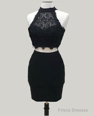 Two Piece Black Homecoming Dress Lace Crop Top
