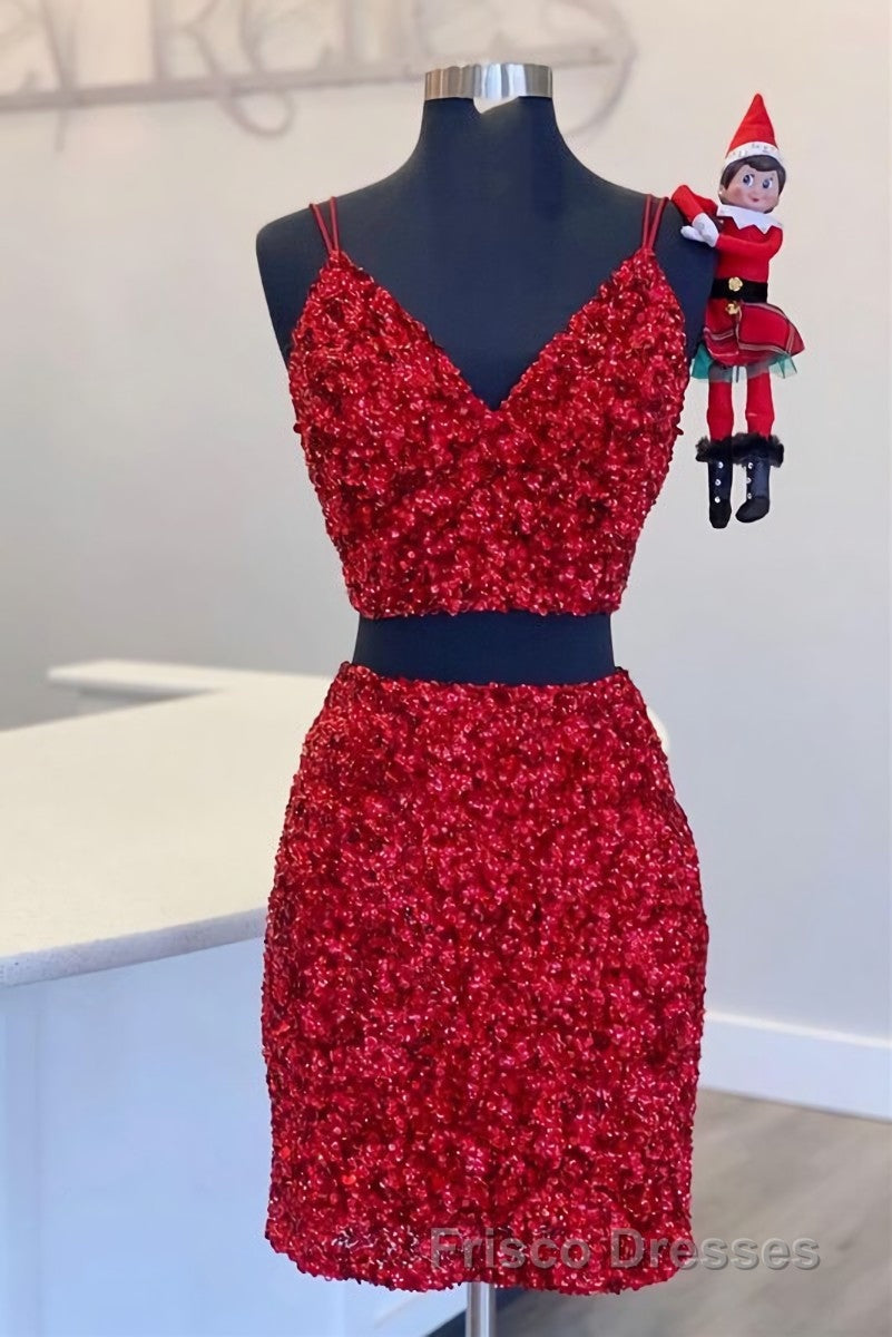 Two Piece Blue Sequins Tight Homecoming Dress,Sparkly Cocktail Party Dress