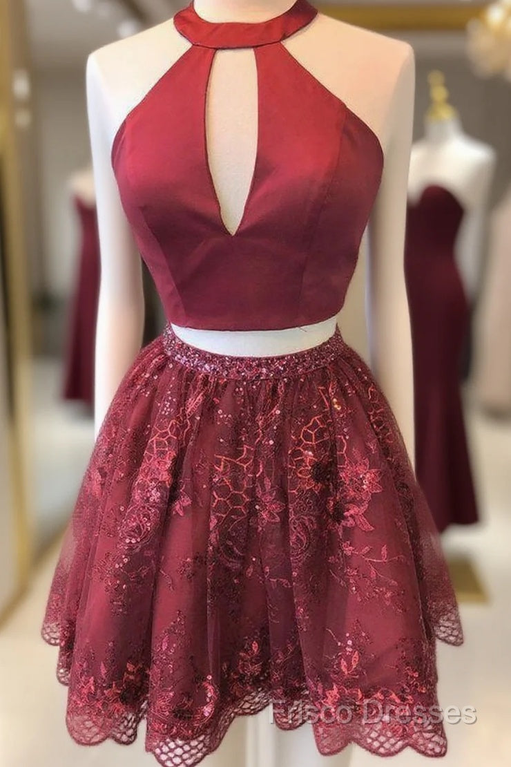 Two Piece Burgundy Beaded Sequins Homecoming Dress With Cut Out Main image