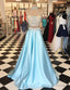 Two Piece High Neck Lace Appliques Light Blue Prom Dress