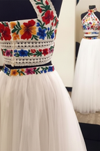 Two Piece High Neck Long Evening Dress with Appliques Sleeveless