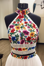 Two Piece High Neck Long Evening Dress with Appliques Sleeveless