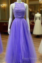 Two Piece Lavender Formal Prom Dress Lace Crop