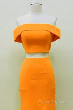 Two Piece Orange Formal Prom Dress Mermaid Off Shoulder