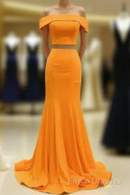 Two Piece Orange Formal Prom Dress Mermaid Off Shoulder