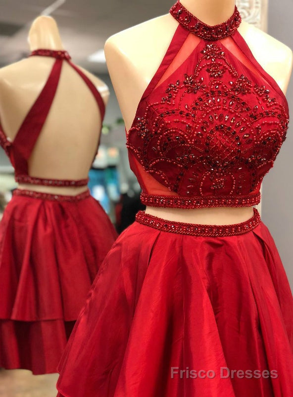 Two Piece Red Satin Halter Backless Homecoming Dress With Crystal