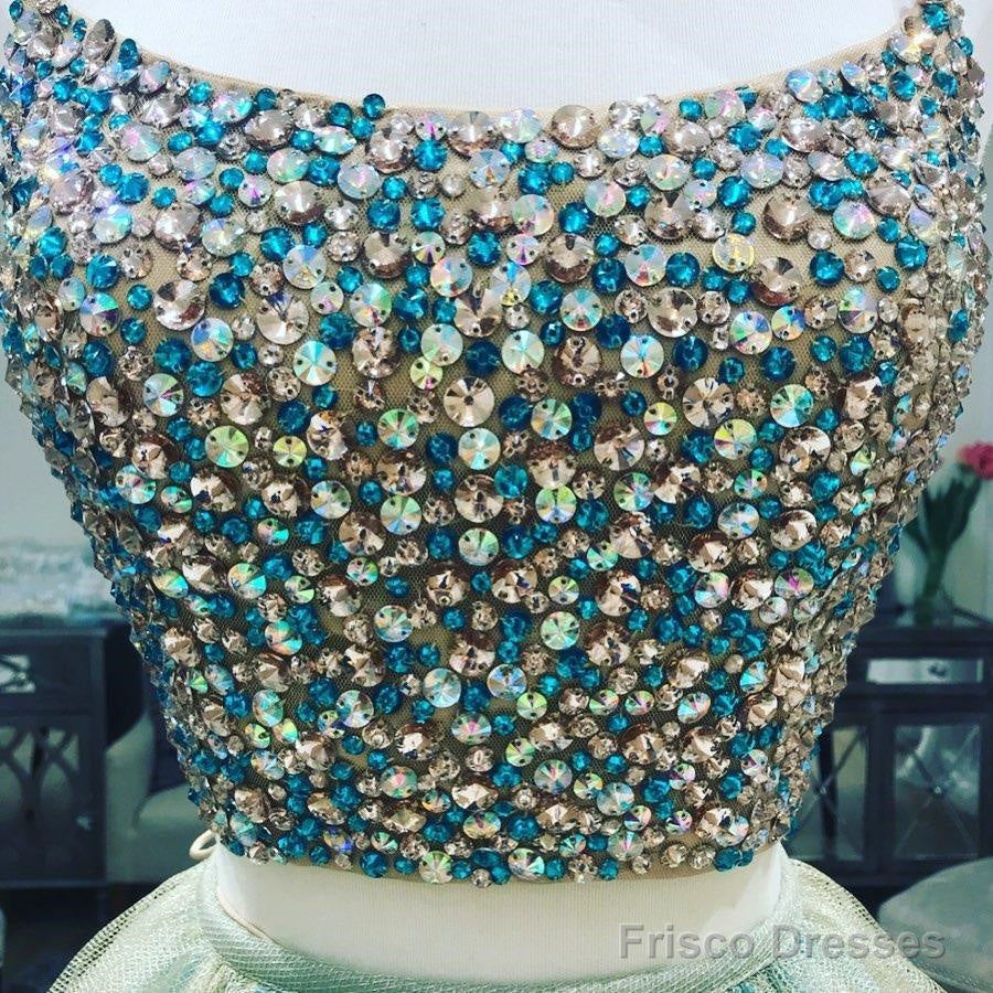 Two Piece Round Neck Tulle Beading Prom Dresses Evening Dresses