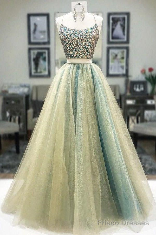 Two Piece Round Neck Tulle Beading Prom Dresses Evening Dresses Main image