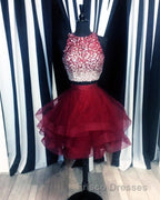 Two Piece Ruffles Ball Gown Homecoming Dress,Navy Blue Semi Formal Prom Dress