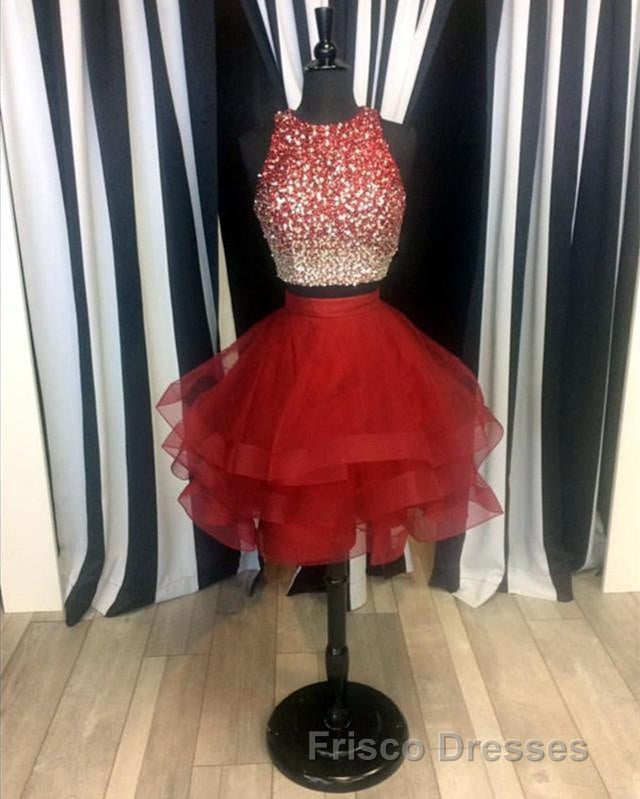 Two Piece Ruffles Ball Gown Homecoming Dress,Navy Blue Semi Formal Prom Dress