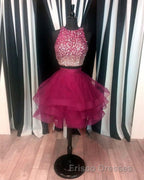 Two Piece Ruffles Ball Gown Homecoming Dress,Navy Blue Semi Formal Prom Dress