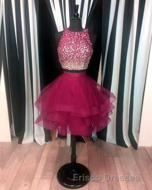 Two Piece Ruffles Ball Gown Homecoming Dress,Navy Blue Semi Formal Prom Dress