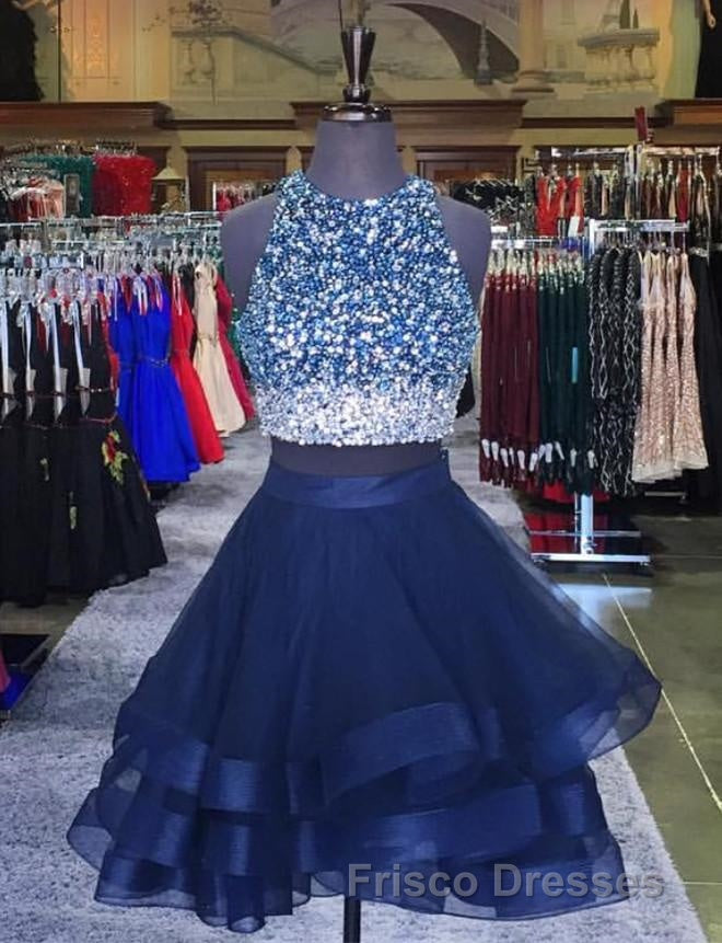 Two Piece Ruffles Ball Gown Homecoming Dress,Navy Blue Semi Formal Prom Dress