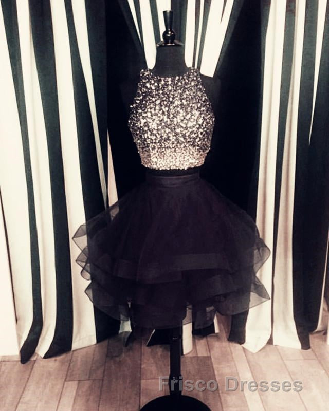 Two Piece Ruffles Ball Gown Homecoming Dress,Navy Blue Semi Formal Prom Dress
