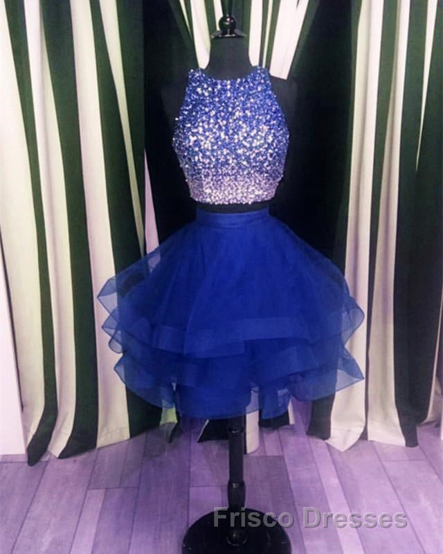 Two Piece Ruffles Ball Gown Homecoming Dress,Navy Blue Semi Formal Prom Dress