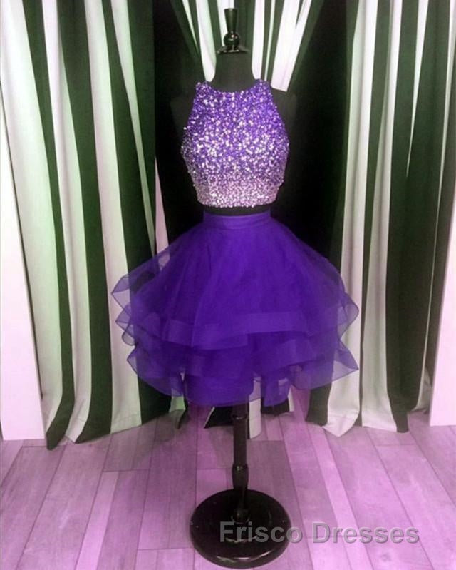 Two Piece Ruffles Ball Gown Homecoming Dress,Navy Blue Semi Formal Prom Dress