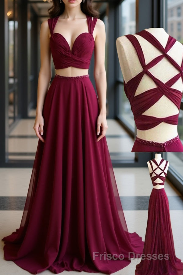 Two Pieces Burgundy Chiffon Long Formal Prom Dresses, 2 Pieces Wine Red Long Formal Evening Dresses Main image