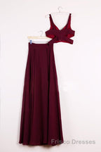 Two Pieces Burgundy Long Formal Prom Dresses, Dark Wine Red 2 Pieces Long Formal Bridesmaid Dresses