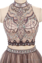 Two Pieces Gorgeous Beading High Neck Open Back Sleeveless Light Brown  Homecoming Dresses