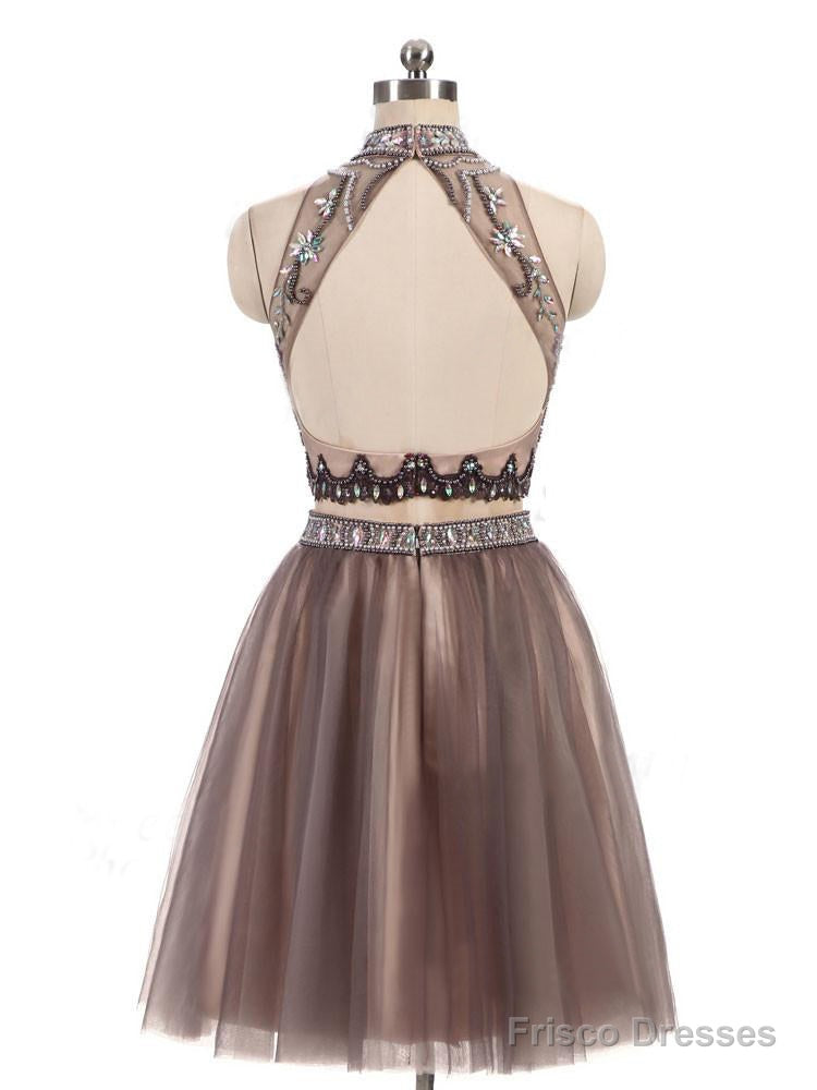 Two Pieces Gorgeous Beading High Neck Open Back Sleeveless Light Brown  Homecoming Dresses