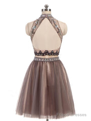 Two Pieces Gorgeous Beading High Neck Open Back Sleeveless Light Brown  Homecoming Dresses
