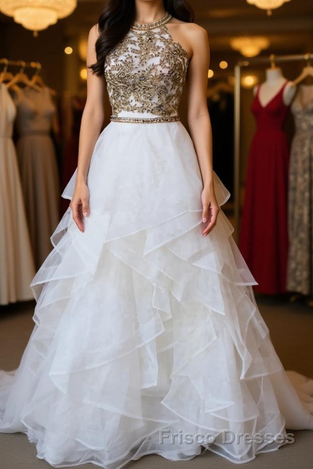 Two Pieces Lace White Tulle Long Formal Prom Dresses, White Two Pieces Formal Dresses, Evening Dresses, Ball Gown Main image