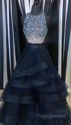 Two Pieces Navy Formal Prom Dress Halter Neckline, Formal Dress, Graduation School Party Dance Dress