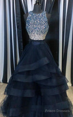 Two Pieces Navy Prom Dress Halter Neckline, Evening Dress,  Graduation School Party Dance Dress