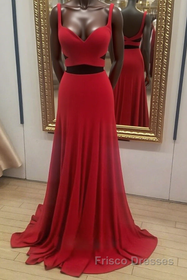 Two Pieces Red Long Formal Prom Dresses, 2 Pieces Red Long Formal Evening Dresses