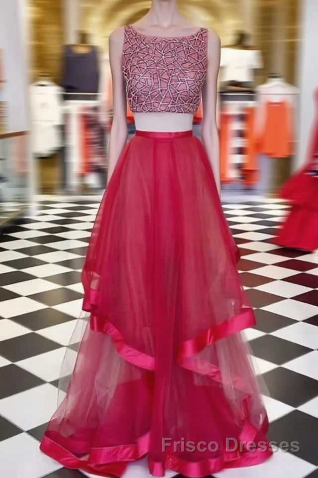 Two Pieces Sequin Round Neck Tulle Long Red Formal Prom Dresses, Red Evening Dresses