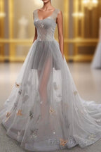 Gray Long Formal Prom Dress with Butterfly, New Arrival Unique Evening Dress