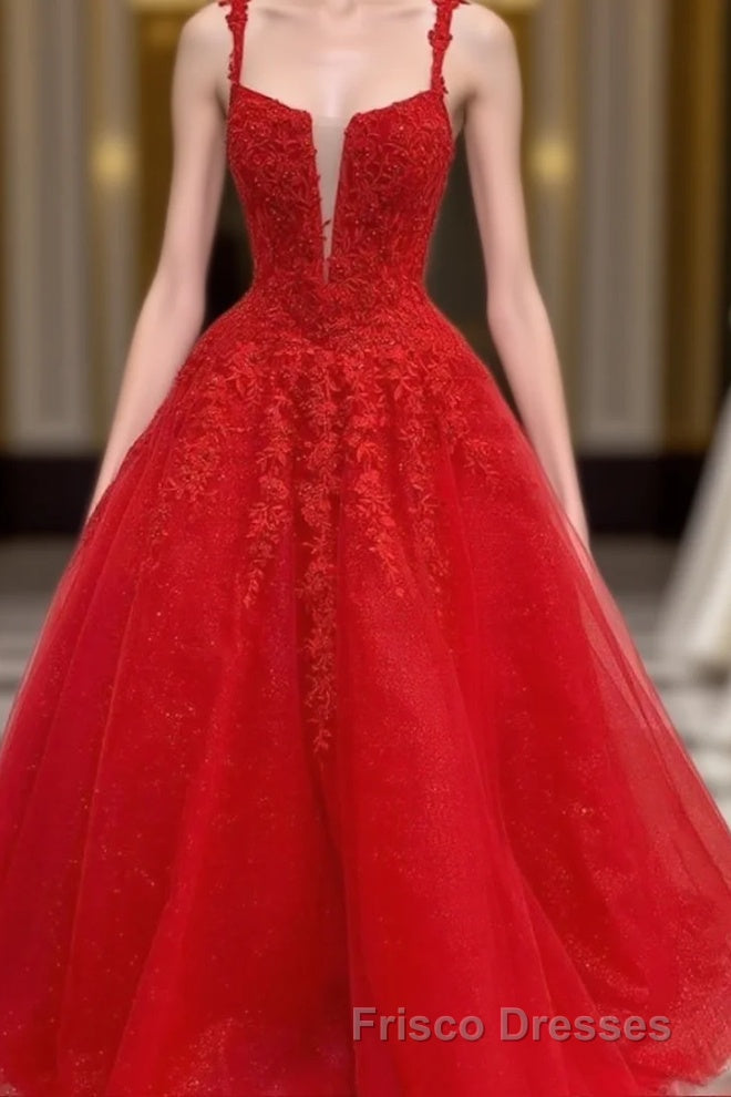 Red Tulle Lace A Line Formal Prom Evening Dress Appliques Long Formal Prom Dress Main image