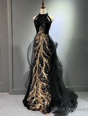 Black Gold Embroidered A-Line Prom Dresses Glittering Dress Formal Floor Length Sleeveless High Neck Sequined with Glitter Tassel