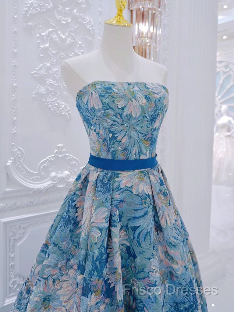 Unique A-Line Flower Satin Blue Long Formal Prom Dress, Blue Long Formal Dress
