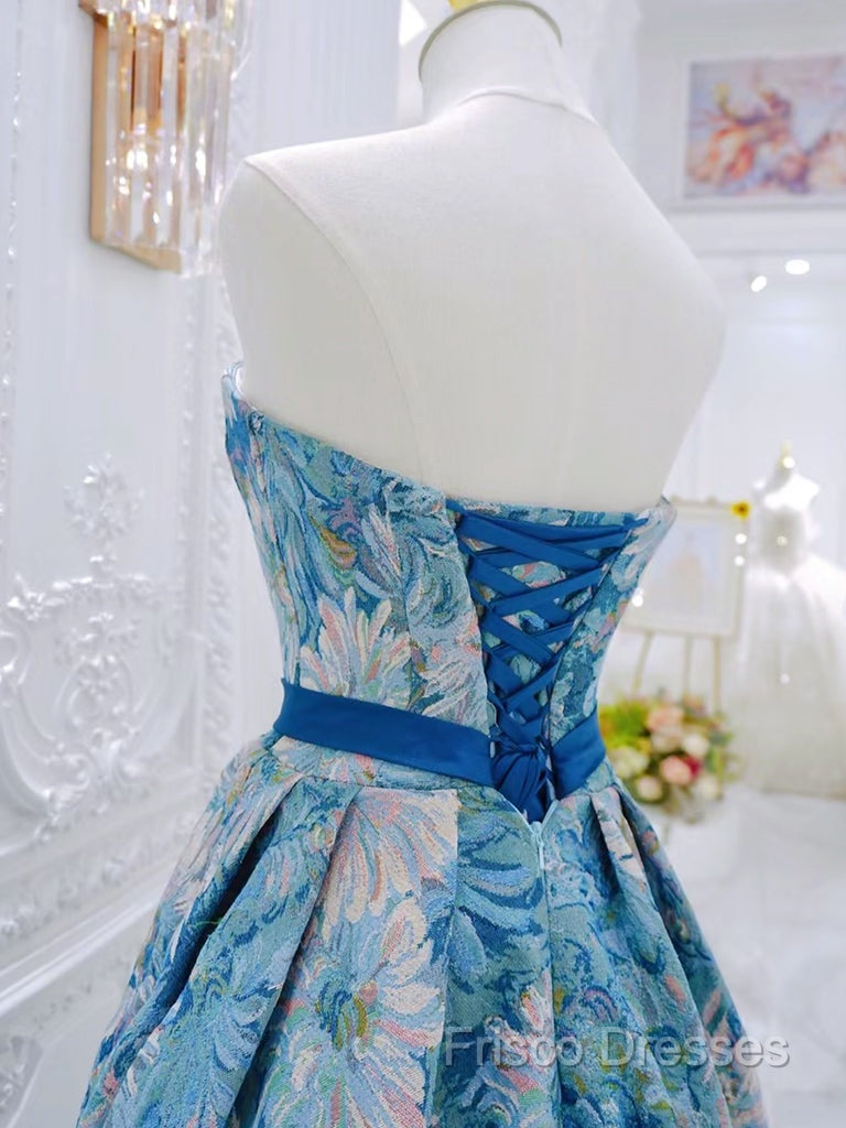 Unique A-Line Flower Satin Blue Long Formal Prom Dress, Blue Long Formal Dress