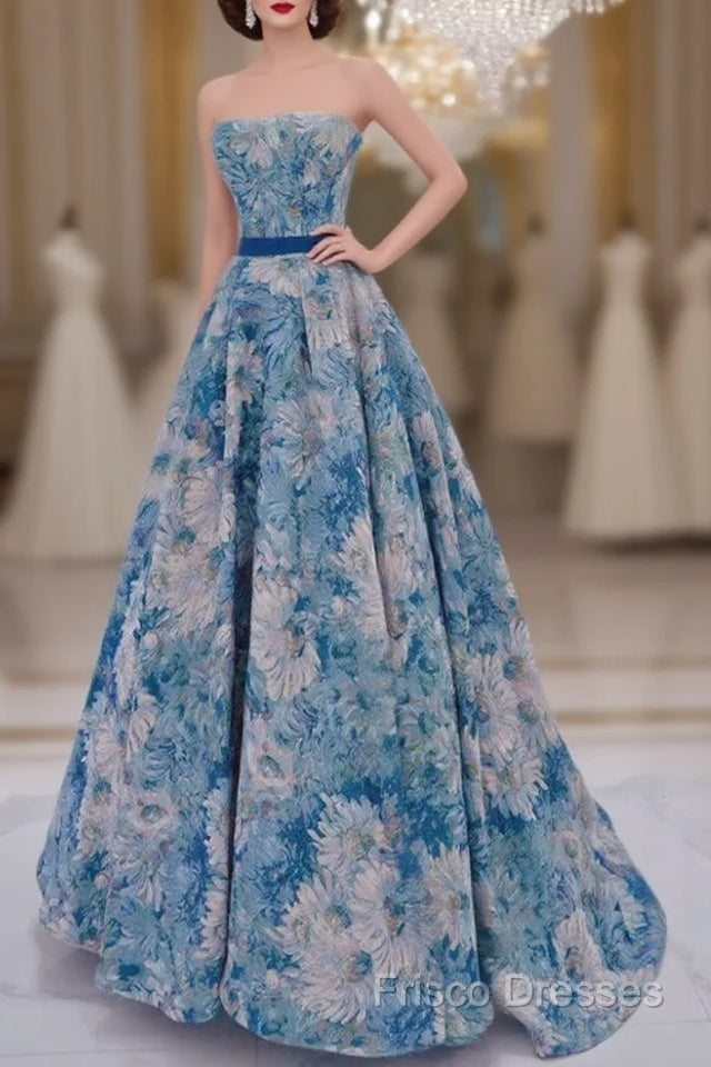 Unique A-Line Flower Satin Blue Long Formal Prom Dress, Blue Long Formal Dress