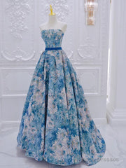 Unique A-Line Flower Satin Blue Long Prom Dress, Blue Long Formal Dress