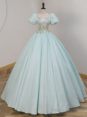 Unique A-LIne Satin Lace Long Prom Dresses, Blue Satin Sweet 16 Dresses