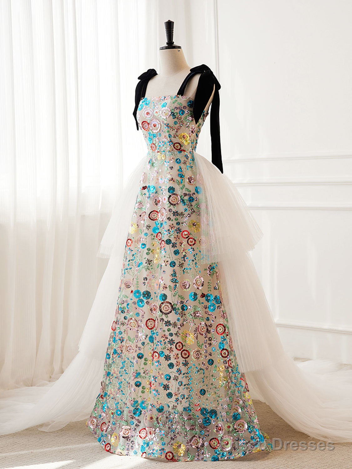 Unique A-Line Sequin Flower Tulle Long Prom Dress, White Formal Evening Dress Secondary image