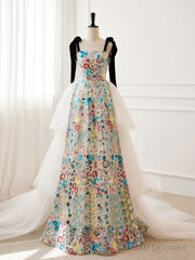 Unique A-Line Sequin Flower Tulle Long Prom Dress, White Formal Evening Dress