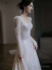 Unique A Line Square Neckline Sequin Pleats Long Sleeves Wedding Dresses