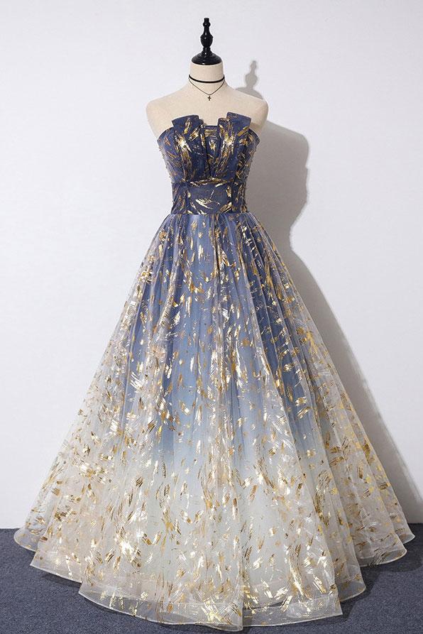 Unique A Line Strapless Ombre Long Prom Dress Stunning Party Dresses