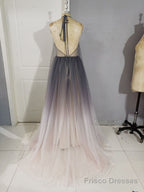 Unique A line V Neck Tulle Long Prom Dress, Tulle Evening Dress