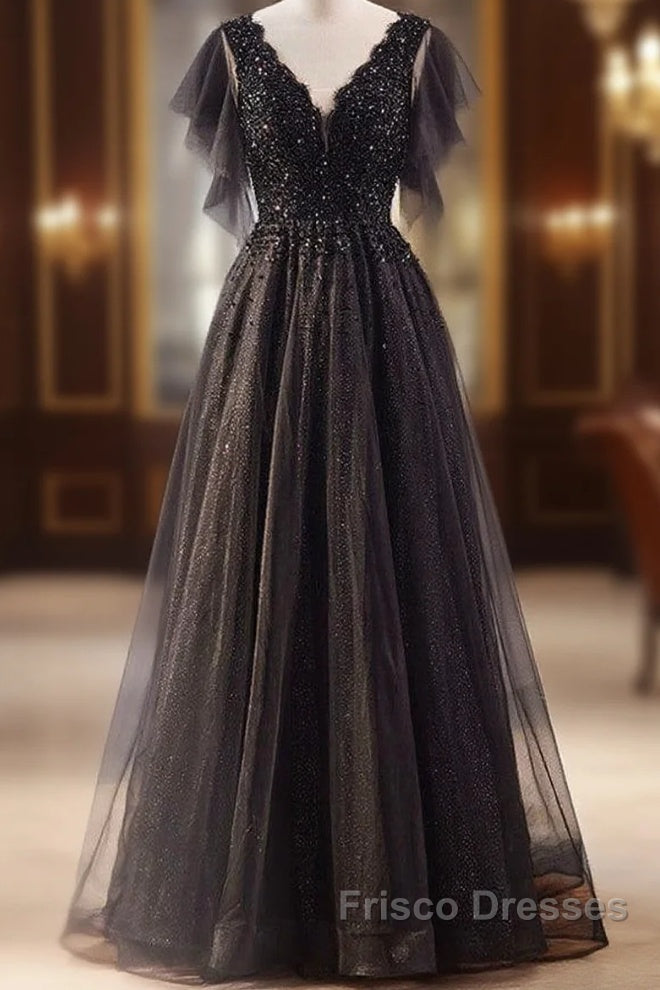 Unique And Beautiful Black Beaded Short Sleeved Sequin Ball Dress With Black A-Shaped Princess V-Neck Backless Chiffon And Floor Length Evening Dress Main image