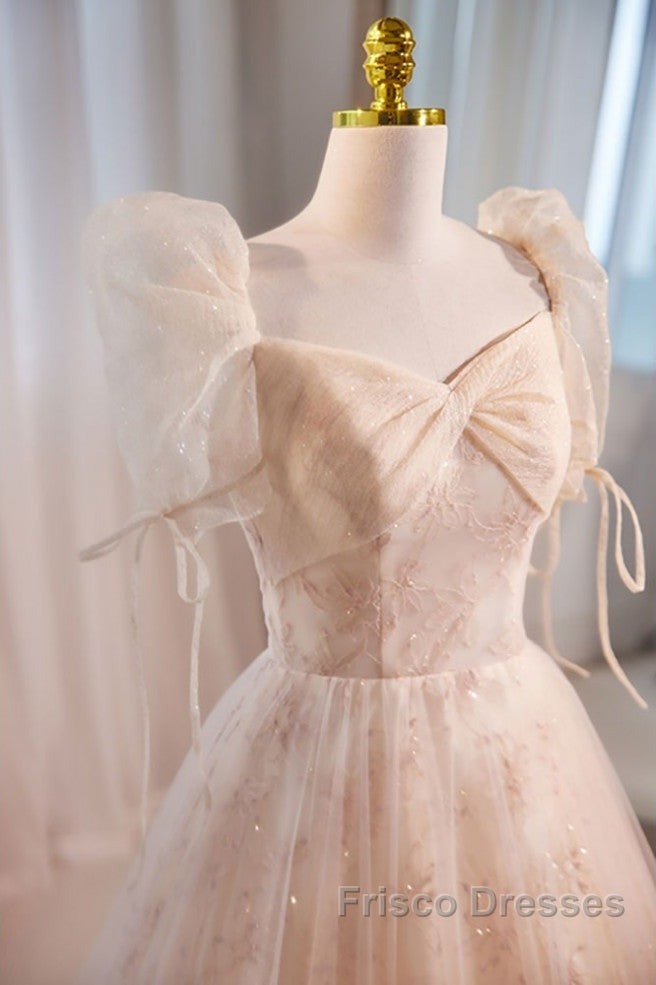 Unique And Beautiful Champagne Sequin Square Neck Fluffy Short Sleeved Ball Dress Champagne A-Shaped Princess Backless Strap And Floor Length Evening Dress Secondary image