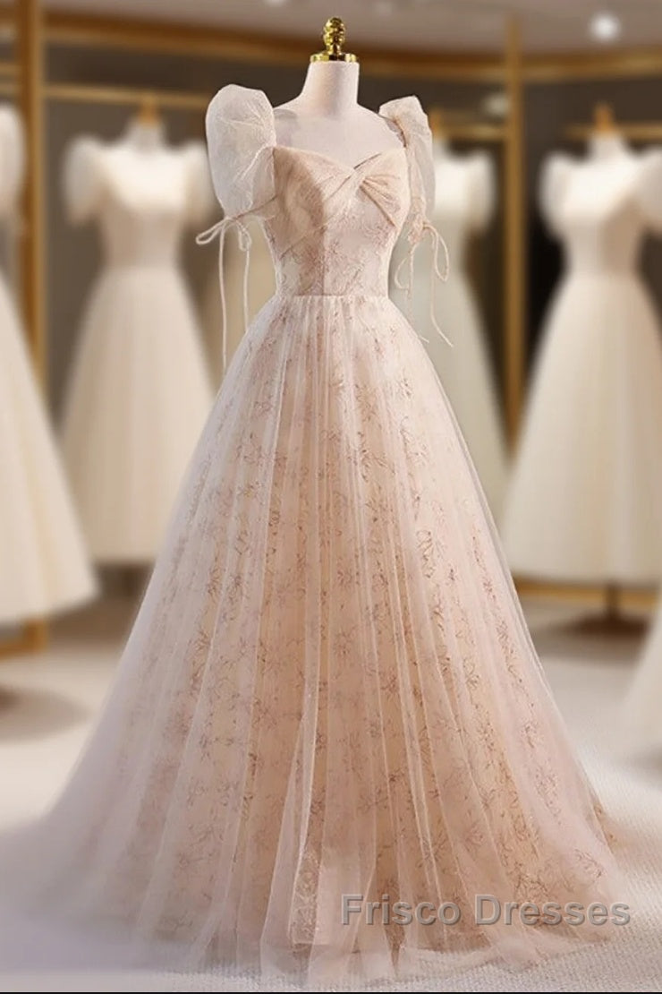 Unique And Beautiful Champagne Sequin Square Neck Fluffy Short Sleeved Ball Dress Champagne A-Shaped Princess Backless Strap And Floor Length Evening Dress Main image