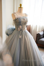 Unique And Beautiful Gray Sticker Sleeveless Off The Shoulder Ball Dress, Gray A-Line Princess Sheer Thin Shoulder Strap, Backless Tie Bow And Ground Length Formal Prom Dress