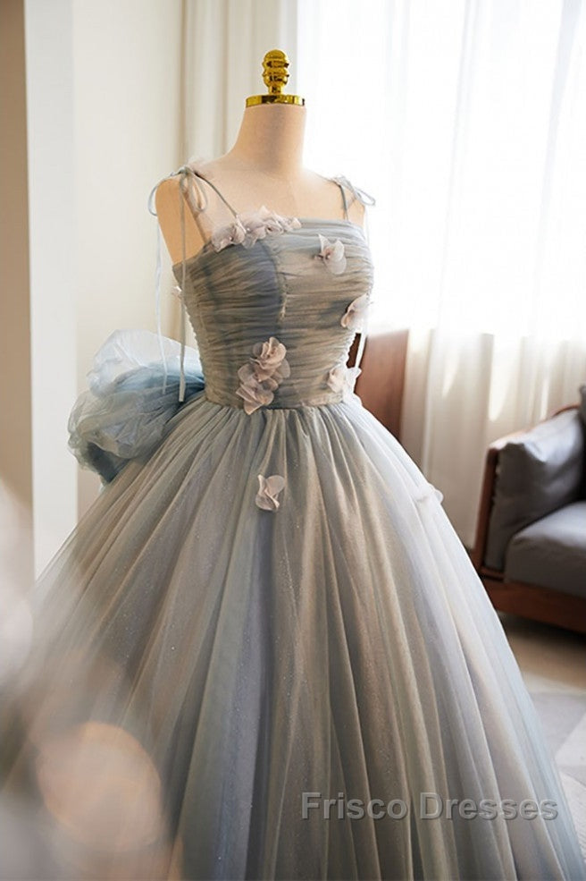 Unique And Beautiful Gray Sticker Sleeveless Off The Shoulder Ball Dress, Gray A-Line Princess Sheer Thin Shoulder Strap, Backless Tie Bow And Ground Length Formal Prom Dress