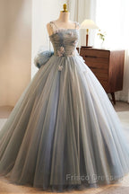 Unique And Beautiful Gray Sticker Sleeveless Off The Shoulder Ball Dress, Gray A-Line Princess Sheer Thin Shoulder Strap, Backless Tie Bow And Ground Length Formal Prom Dress